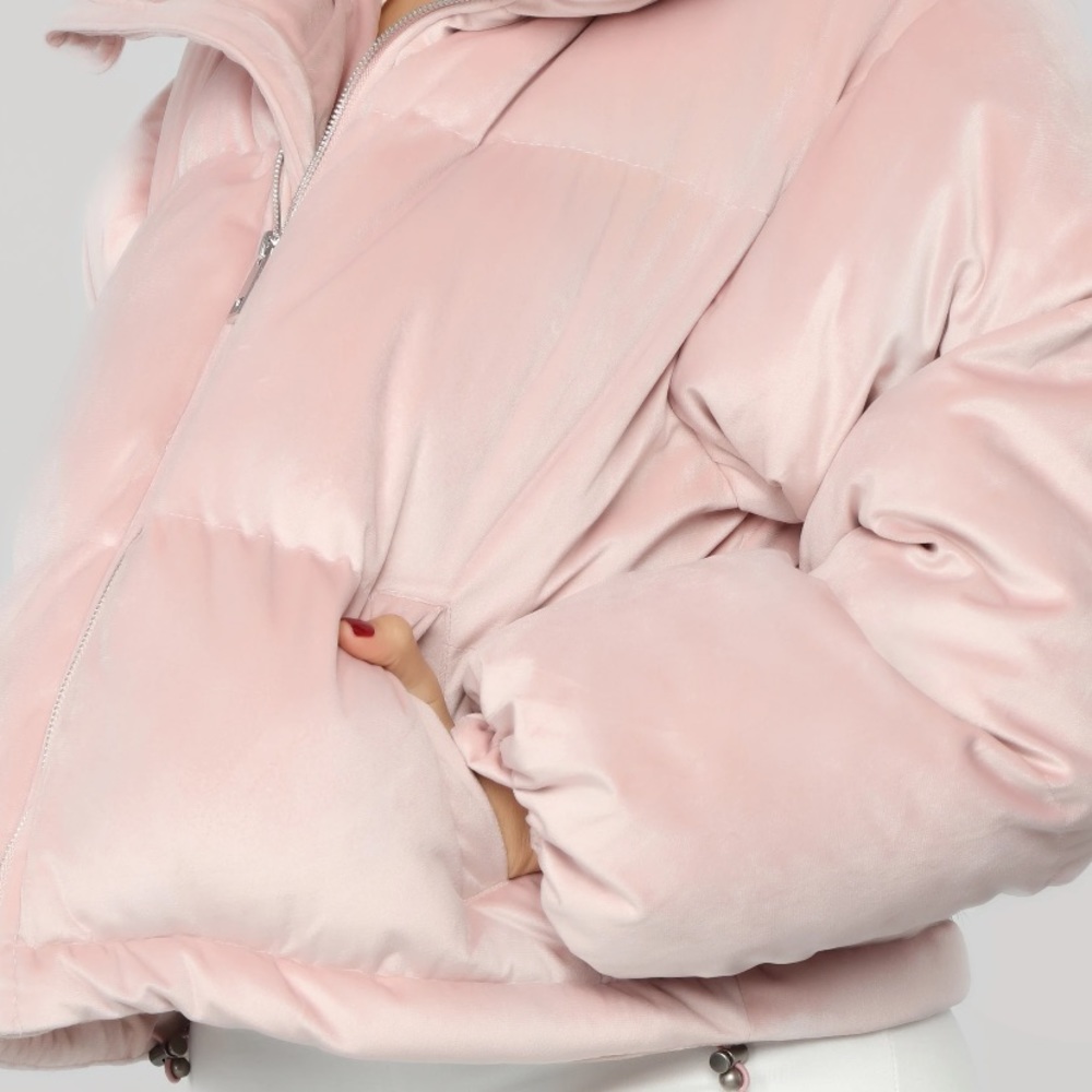 Fashion Nova Cropped Blush Velour Puffer Jacket, Size XL
